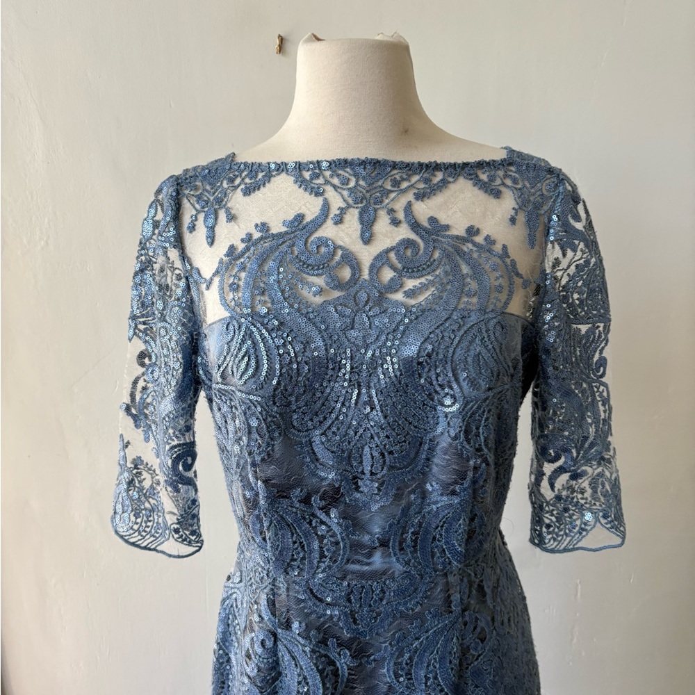 Tahari by Arthur Levine Lace and Sequin Dress Baby Blue Size 8P - Picture 3 of 11